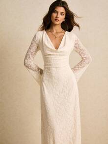 Poéselle 女士优雅通勤纯色提花垂坠领喇叭袖连衣裙 - 杏色 - 查看 2