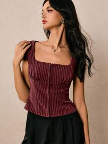 Poéselle 女式上衣 条纹上衣 短袖衬衫 女式衬衫 短款上衣 女式夏季休闲条纹修身上衣 上衣 乡村音乐会 音乐会 女式生日 街头服饰 节日 - 紅色 - 查看 6