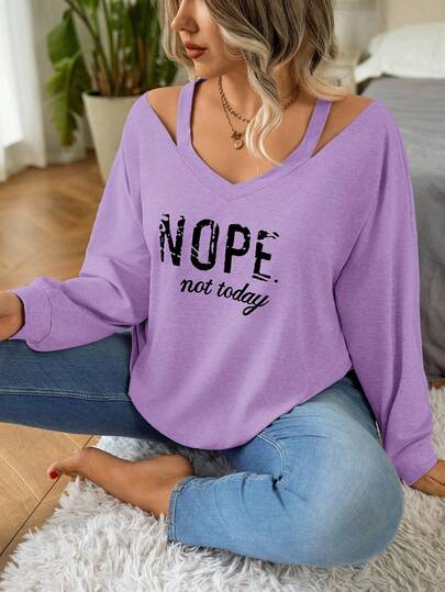 EMERY ROSE V-Neck Exposed Shoulder Graphic Print Long Sleeve Elegant Minimalist Sweatshirt Fall Cloth For Women Winter Autumn