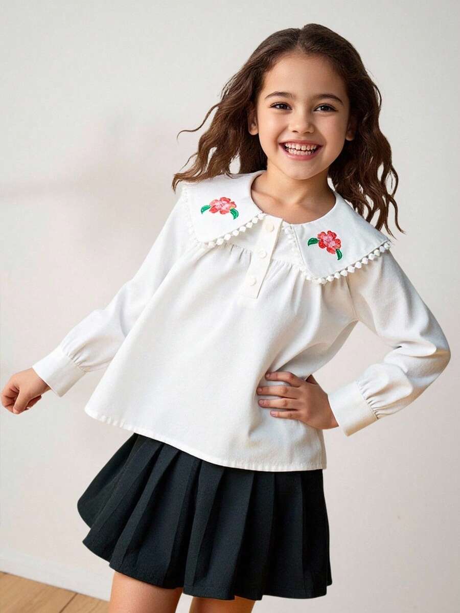 Maija Kids Maija Kids 年轻女孩花卉刺绣彼得潘领长袖衬衫上衣，休闲日常和校服 - 杏色 - 查看 1