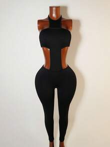 Mistrie Women's Sexy Backless Halter Neck Bodycon Jumpsuit, Summer - Black - View 5