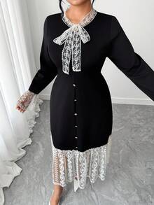 Elenzga Plus Size Women Elegant Lace Patchwork Round Neck Lace Tie Neck Fitted Dress, Autumn/Winter Fall Cloth For Women