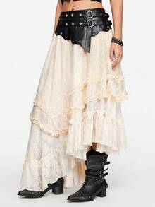 ROMWE Grunge Punk Romantic Punk PU Contrast Lace Heavy Rivet Design Women's Skirt - Multicolor - View 5