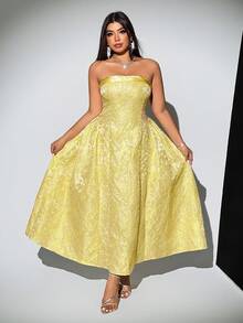 Viva Relle 大码女士优雅复古A字连衣裙，3D立体印花图案，适合情人节穿着 - 黃色 - 查看 3