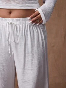 SHEIN PETITE CURVE Solid Color Casual Loose Drawstring Waist Comfortable Pants Fall Cloth For Women - White - View 4
