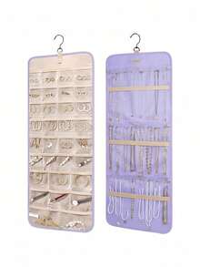 大容量珠宝收纳袋 - 双面壁挂式壁橱收纳，带挂钩，可挂耳环/项链/戒指 | 防尘优质涤纶门收纳袋（黑色情人节礼物创意） - 淡紫色 - 查看 4