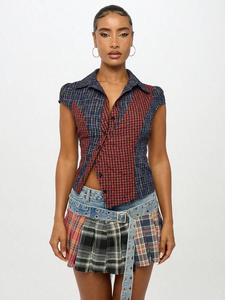 SUMWON WOMEN Asymmetric Plaid Button Down Fitted Shirt With Contrast Pattern