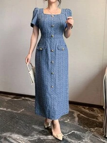 DAZY Casual Washed Floral Print Square Neck Puff Sleeve Women Denim Dress, Summer