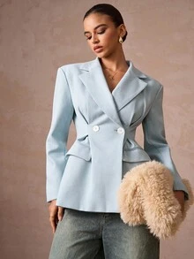Lumalex 夸张肩部设计，收腰双排扣女士西装外套，尽显奢华新年、节日派对、婚礼季风情 - 淺藍色 - 查看 9