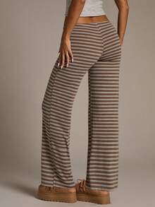 Aloruh Women's New Brown Striped Low-Waist Pants, Autumn/Winter,Fall