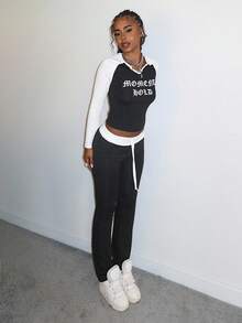 StreetHx 女式字母印花 V 领撞色修身两件套 - 黑與白 - 查看 4