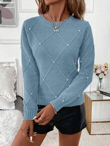 SHEIN Clasi Áo len nữ họa tiết kim cương mùa đông đính ngọc trai, cổ tròn, thích hợp cho kỳ nghỉ, tiệc tùng, lễ hội âm nhạc, đồ mặc nhà, sự kiện trở lại trường, làm quà tặng và mua sắm, áo len mùa thu, trang phục nữ thanh lịch, áo cơ bản - Màu xanh bụi bặm - Xem 6