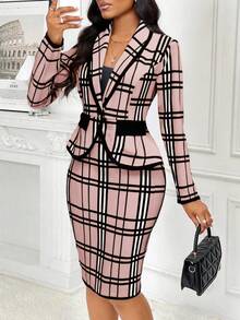 SHEIN Lady 春夏秋冬优雅通勤办公室彩色针织翻领纽扣中长袖大码西装套装商务休闲女装商务休闲女装商务休闲秋季女装优雅商务休闲女装秋装大码秋季女装优雅女装秋季女装 - 藕粉色 - 查看 1