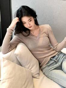 DAZY V-Neck Long Sleeve Fitted Sheer Overlay Top, Autumn - Apricot - View 4