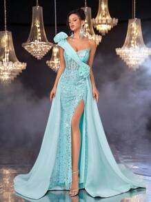 Glamrae Thanh lịch, Lãng mạn, Sang trọng, Trang nghiêm, Xanh lam, Lấp lánh, Không quai, Thắt eo, Xếp ly, Nàng tiên cá, Đuôi tàu, Váy dạ hội, Hoàn hảo cho Tiệc sinh nhật, Hẹn hò, Đám cưới, Dịp trang trọng, Váy dạ hội - Màu xanh ngọc - Xem 4
