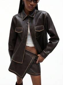 Aveloria GENKIRA 2pcs Brown Distressed Washed PU Leather Suit: Classic Collared Top With Symmetrical Chest Pockets & Asymmetric Hem Mini Skirt Fall Cloth For Women - Brown - View 4