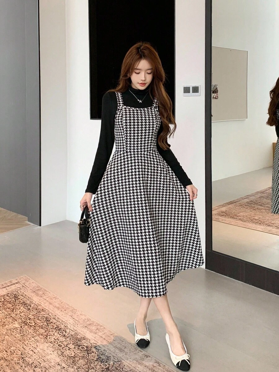 少女 2 件套：黑色千鸟格印花连衣裙和黑色高领修身 T 恤，优雅办公室套装千鸟格连衣裙中长连衣裙休闲连衣裙格子连衣裙格纹连衣裙长袖连衣裙 16 岁中长款女孩连衣裙长袖连衣裙长裙女孩 - 黑與白 - 查看 1