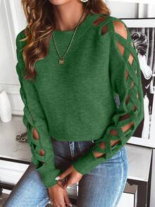 EMERY ROSE Women's Sexy Criss-Cross Hollow Out Sleeve Round Neck Sweater, Autumn/Winter Fall Cloth For Women - Green - View 5