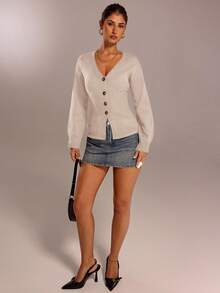 SHEIN Forever 21 Fall & Winter V-Neck Fitted Kawaii Clothes Funny New Years Eve Party Women Long Sleeve Women Cardigan Sweater , Y2k Clothes Street Wear Women Knitted Women Sweater - Apricot - View 5