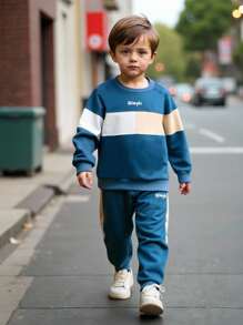 SHEIN Playful Pals 2 件套幼儿男童运动服套装，字母印花“SIMPLE”设计，套头连帽衫和配套裤子，舒适休闲装，适合日常、运动、街头、学校、家庭搭配、秋冬 - 彩色 - 查看 3