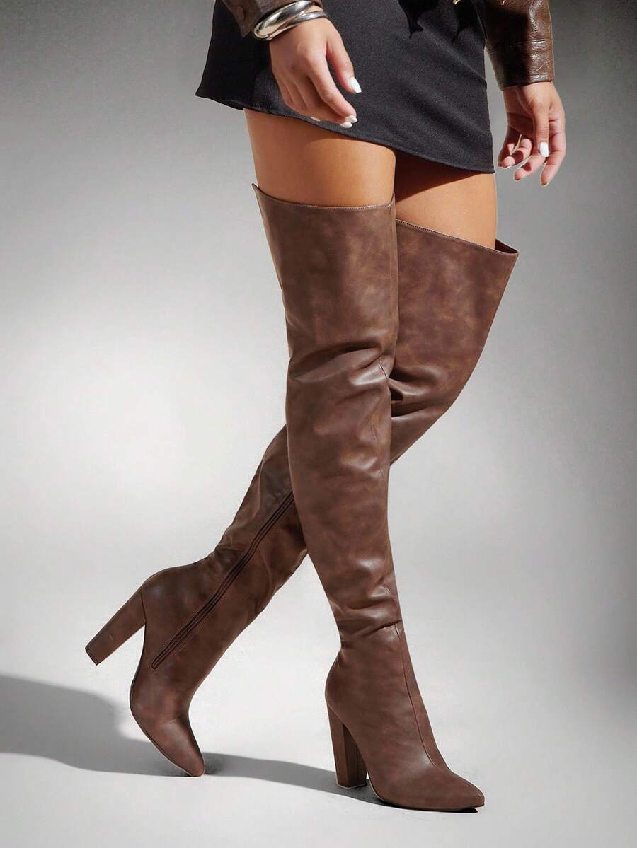 SHUZIA Women's Glamorous Pointy Toe Thigh High Block Heel Boots For Christmas - Brown - View 1