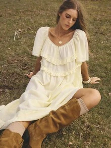 Aralina Đầm Maxi Tay Ngắn Cổ Chữ V Phối Ren Phong Cách Kỳ Nghỉ Cho Nữ - Màu be - Xem 9