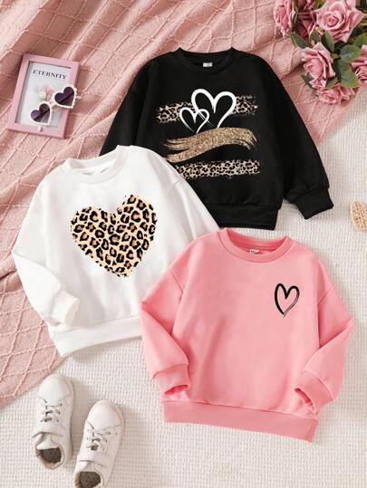 SHEIN 3pcs/Set Young Girl Casual Minimalistic Heart & Leopard Print Loose Thick Fleece Sweatshirts In Black, White, Pink For Autumn/Winter