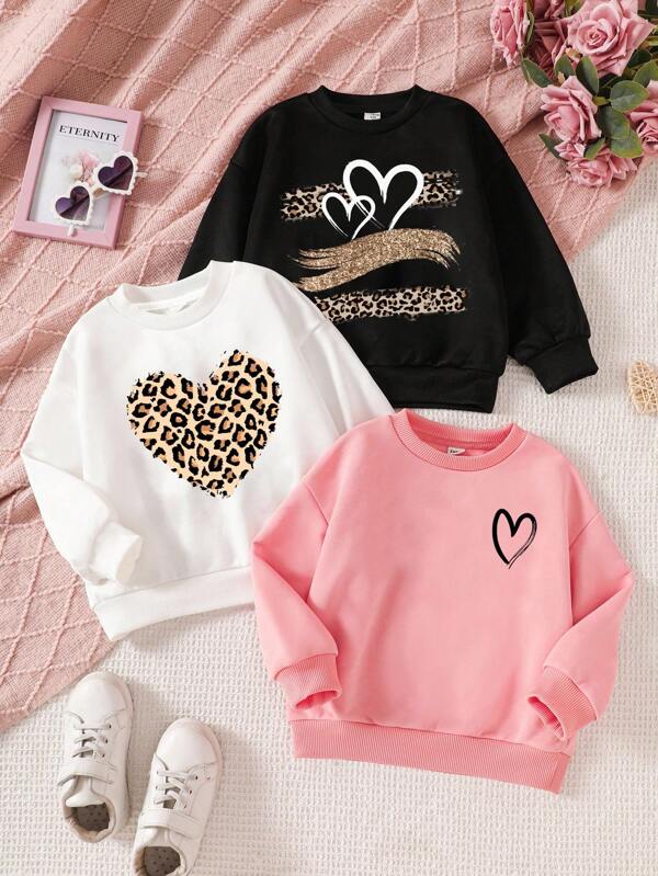 SHEIN 3pcs/Set Young Girl Casual Minimalistic Heart & Leopard Print Loose Thick Fleece Sweatshirts In Black, White, Pink For Autumn/Winter