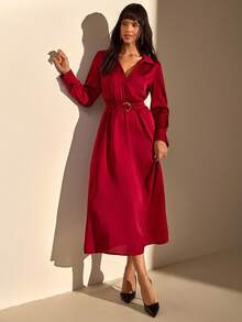 CLARA VERO Solid Color, Long Sleeve, Belted, V-Neck, Long Dress - Red - View 2