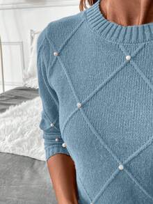 SHEIN Clasi Áo len nữ họa tiết kim cương mùa đông đính ngọc trai, cổ tròn, thích hợp cho kỳ nghỉ, tiệc tùng, lễ hội âm nhạc, đồ mặc nhà, sự kiện trở lại trường, làm quà tặng và mua sắm, áo len mùa thu, trang phục nữ thanh lịch, áo cơ bản - Màu xanh bụi bặm - Xem 7