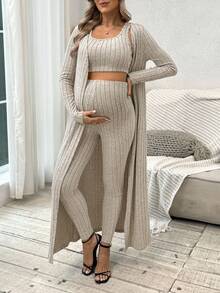 SHEIN Maternity Ribbed Crew Neck Tank Top + Long Sleeve Jacket + Pants 3-Piece Set - Apricot - View 3