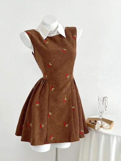 Elamini Retro Sweet Cherry Print Mini Fall Dress