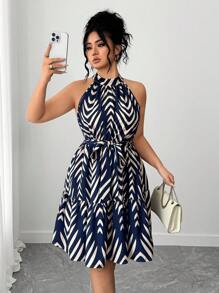 Elenzga Váy thường ngày in họa tiết thời trang cỡ lớn mới dành cho nữ - Màu xanh hải quân - Xem 4