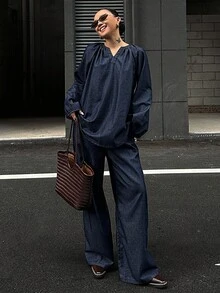 DAZY 秋冬新款宽松休闲复古风女装V领灯笼袖上衣和牛仔裤套装 - 藍色 - 查看 7