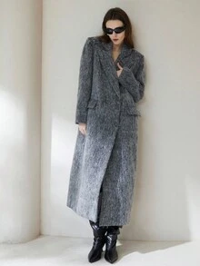 Aveloria Modichic 纯灰色长款人造毛皮双排扣长翻领大衣 - 灰色 - 查看 4