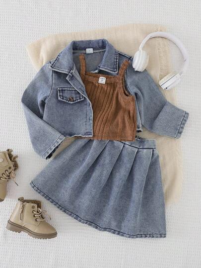 Playful Pals 3pcs/Set Young Girl Denim Vintage Outfit, Includes Ribbed Knit Camisole, Washed Blue Denim Jacket + Skirt, Fashionable Versatile Korean Style Casual Street, Suitable For Daily Outings Or Travel In Autumn/Winter Fall Clothes