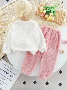 SHEIN Playful Pals 2 件套少女可爱草莓刺绣针织羊毛长袖上衣和裤子套装，适合居家、上学、秋冬休闲装 - 粉色 - 查看 2