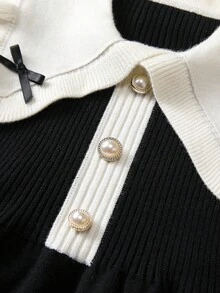 Souflis Souflis Váy len cổ bẻ cho bé gái, váy dệt kim dài tay trang trí nơ, phong cách học thuật, thích hợp mặc hàng ngày, đi chơi, ngày lễ và tiệc tùng, có thể dùng làm quà tặng - màu đen - Xem 3