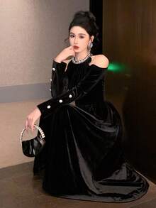 DAZY Váy dự tiệc thanh lịch khoét vai và đính đá, dáng dài vừa phải dành cho nữ, váy dạ hội mùa thu - màu đen - Xem 5