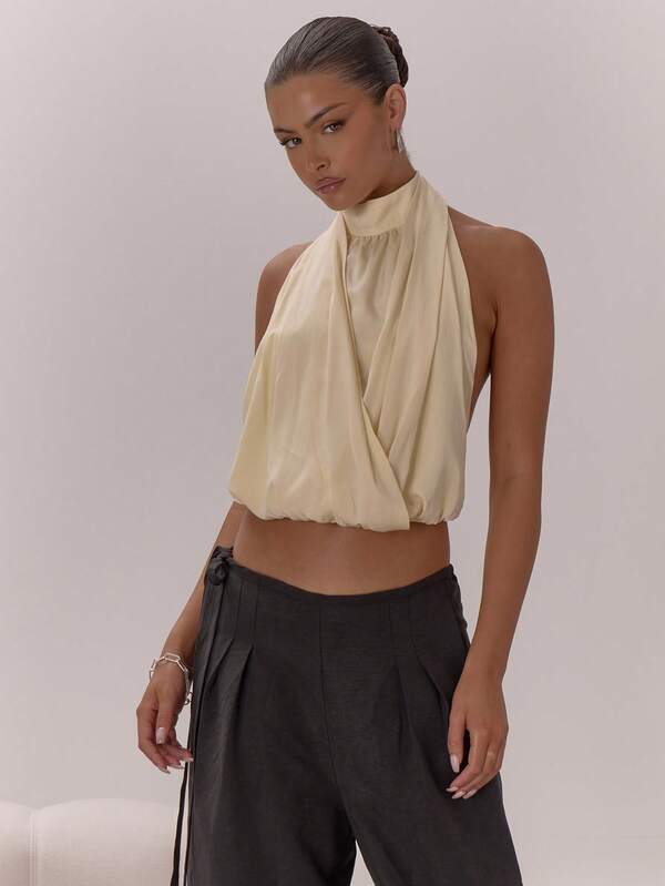 MUSERA Top con cuello alto, detalle drapeado y espalda descubierta, elegante y sexy para ocasiones nocturnas, vacaciones, otoño, capas de invierno, fiestas, otoño, elegante