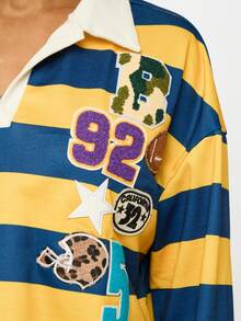 SUMWON WOMEN Varsity Rugby Stripe Collegiate Style Sweatshirt With Patches Retro Sports Number Football For Fall Winter Y2K Fashion - Multicolor - View 5
