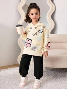 SHEIN 2 pièces/Set Tenue de sport décontractée, sweat-shirt à capuche oversize avec imprimé de fleur de cœur de bande dessinée et slogan en anglais, assorti avec un pantalon de jogging en tricot, convient pour l'automne/l'hiver, retour à l'école - Nude - Voir 2