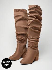 SHUZIA Wide Fit Ruched Faux Leather Knee High Block Heel Boots For Christmas - Light Grey - View 6