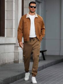 Manfinity CasualCool Áo khoác nam tay dài cổ màu tương phản, túi đơn cài khuy, áo khoác Sherpa màu nâu thời trang thu đông - Cà phê nâu - Xem 4