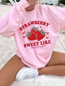 SHEIN EZwear 大码草莓印花休闲简约宽松加厚圆领长袖女式卫衣，粉色草莓图案卫衣，秋冬季可爱草莓水果卫衣 - 粉色 - 查看 3