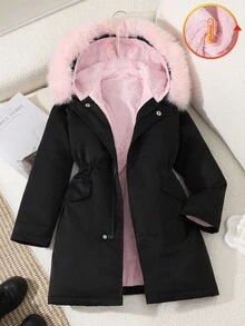 SHEIN 女童保暖内衬厚毛领长款拉链夹克，带口袋，时尚优雅经典外套，适合外出、舞会，舒适又时尚