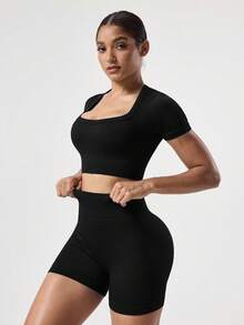 Easithlete 2 件套 + 常规版型 + 吸湿排汗面料/罗纹 + 圆领/基本款/海军蓝 + 运动服套装 + 无缝/健身/瑜伽短裤紧身裤套装 骑行短裤套装 瑜伽套装 短裤 女士健身套装 - 黑色 - 查看 5