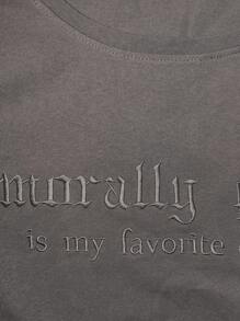 INAWLY 时尚街头风格复古口号刺绣棉质加大码圆领T恤女款 - 深灰色 - 查看 4