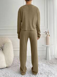 SHEIN Tall Women's Solid Color Round Neck Long Sleeve Loose Top And Pants 2 Pieces Set, Tall Women - Beige - View 2