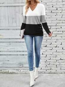 SHEIN LUNE Áo thun nữ dài tay cổ chữ V phối màu, có cúc trang trí, kiểu dáng thường ngày, thích hợp cho mùa xuân và thu. - Nhiều màu - Xem 6